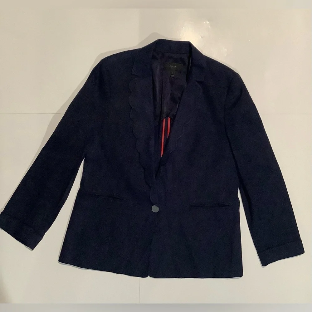 J. Crew Linen Blend Navy Blue Scalloped Lightweight Blazer 6 Academia - Picture 3 of 11